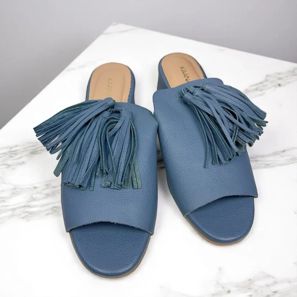 Kaanas Blue Pompom Leather Loafer Mule Sandal